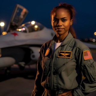 Proud young pilot stands in front of her F 35 fighter plane