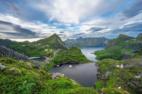 View over mountain landscape and lake Litlforsvatnet with fjord Forsfjorden