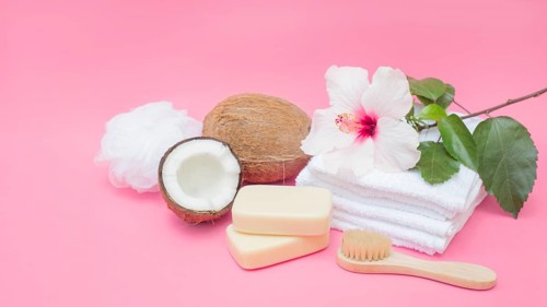 Soap brush coconut sponge flower towels pink backdrop