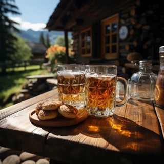 Beer and snacks in an alpine hut in the mountains