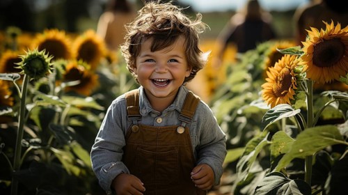 Happy laughing young boy running in the sunflower field on a fall day