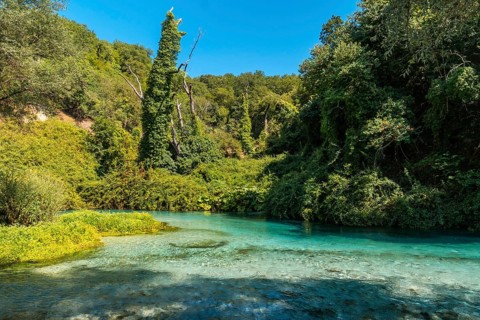 Cold waters of the river of The Blue Eye or Syri i kalter in the mountains of southern Albania