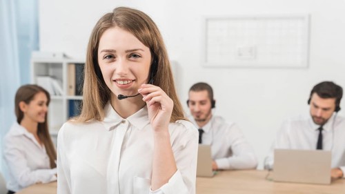 Portrait woman working call center