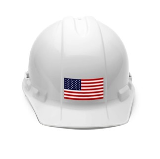 White hardhat with an american flag decal on the front isolated on white background
