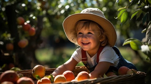 Cute happy young boy putting freshly picked peaches in the harvest basket