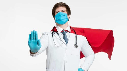 Man with medical mask protection glove