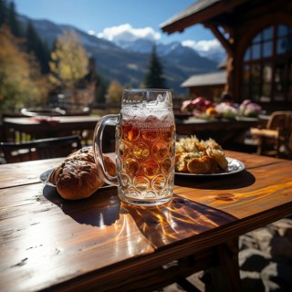 Beer and snacks in an alpine hut in the mountains