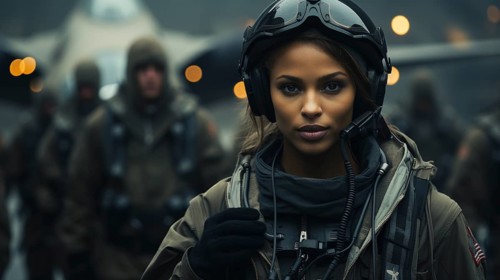 Female african american fighter pilot soldier stands outside her fighter jet