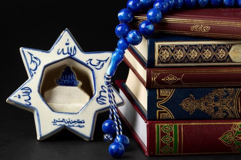 Close up islamic new year quran books