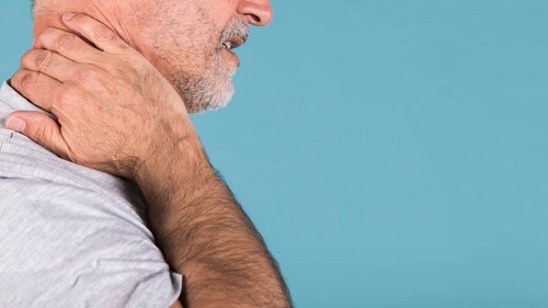 Side view senior man suffering from neck pain