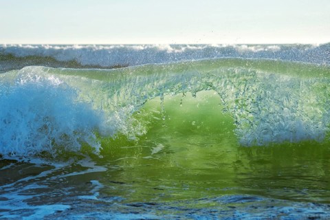 Breaking ocean wave on sunset backlit with sun. Fonte da Telha