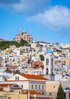 View of the town of Ermoupoli with the steeple of the Church of the Dormition