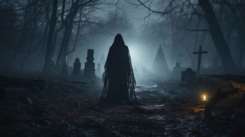 Spooky dark figure walking through the foggy night in a cemetary
