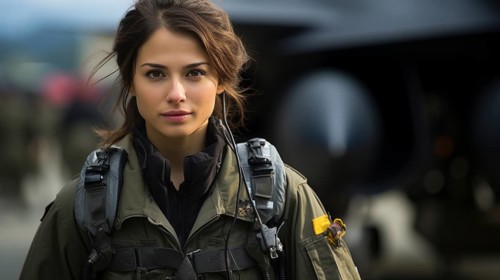Mixed-race female fighter pilot soldier standing outside her military fighter jet