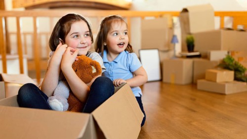 Smiley kids with box toys