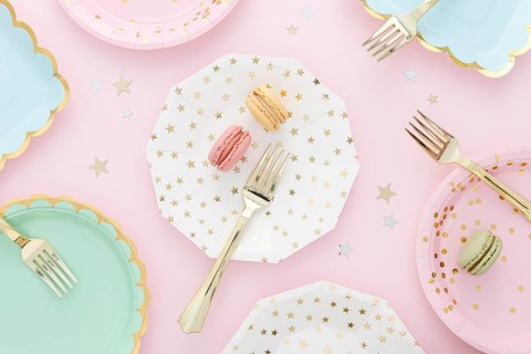 Flat lay plastic plates forks
