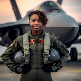 Proud young pilot stands in front of her F 35 fighter plane