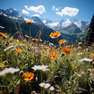 Mountain landscape with a green meadow and lots of flowers