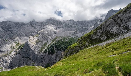 View of Hoellental and rocky mountain landscape with Jubilaeumsgrat