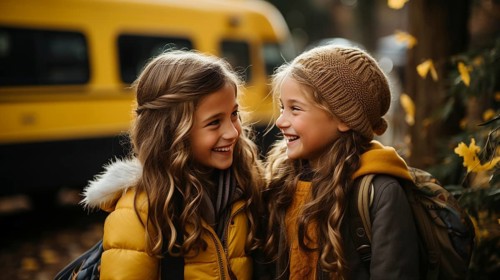 Two young student girlfriends wearing backpacks laughing near the school bus