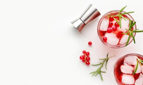 Top view cranberry vodka glasses with ice copy space