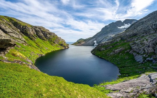 Mountain landscape with sea and lake Fjerddalsvatnet