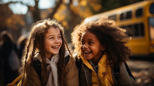 Two young student girlfriends wearing backpacks laughing near the school bus