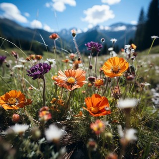 Mountain landscape with a green meadow and lots of flowers