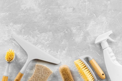 Top view eco cleaning products with copy space