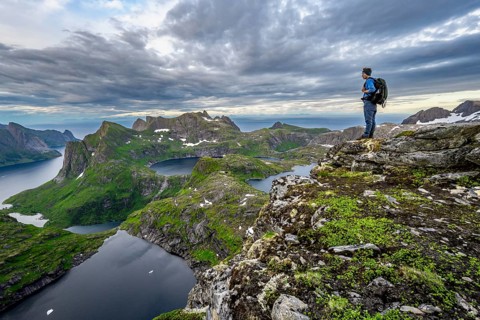 View over mountain landscape and lakes Krokvatnet and Litlforsvatnet with fjord Forsfjorden