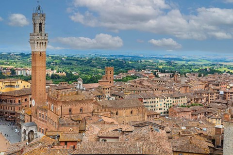 Above the rooftops of Siena with a view of the Torre del Mangia bell tower