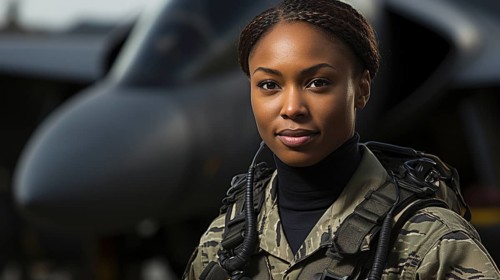 Female african american fighter pilot soldier stands outside her fighter jet