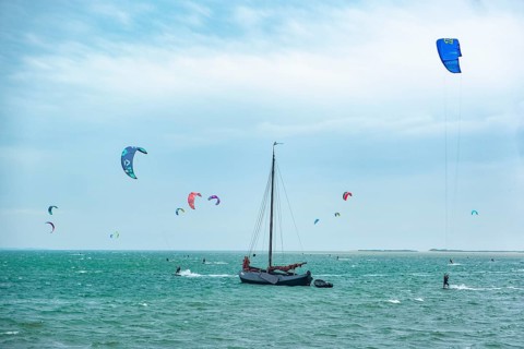 Kite surfers on the green beach of Terschelling