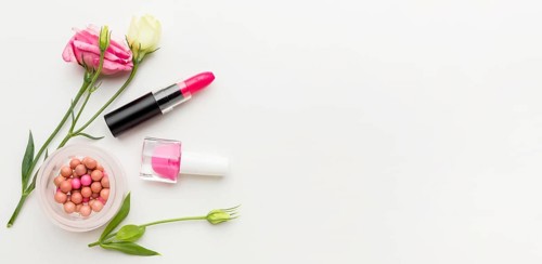 Top view beauty products with copy space