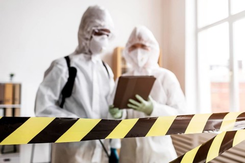 People protective suits talking