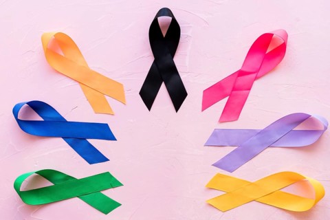 Various colorful awareness ribbon pink background