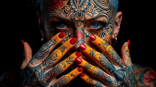 Close-up of a young woman with very colourful tattoos on her face and fingers