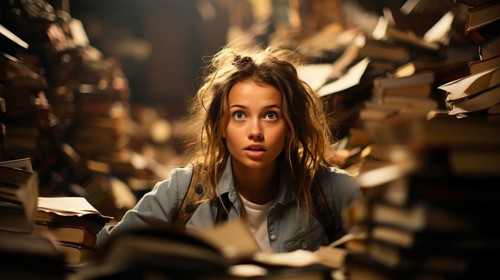 Young girl student sitting stunned and overwhelmed amidst a never ending pile of books and papers surrounding him