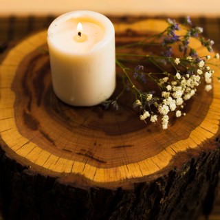 Aroma candles with flowers tree stump