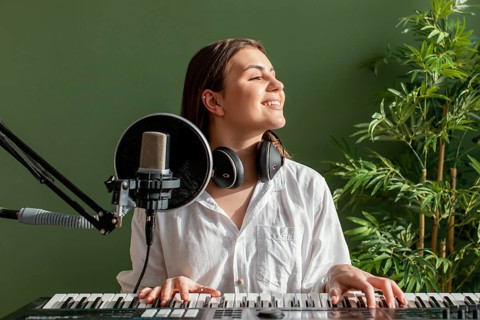 Front view smiley female musician playing piano keyboard indoors