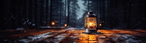 Warm and inviting lit vintage lantern resting on wood planks base outdoors in a winter setting. generative AI