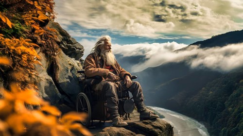Old man with walking difficulties and long hair sits on a wheelchair on a rocky outcrop