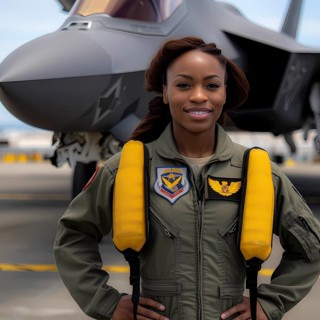 Proud young pilot stands in front of her F 35 fighter plane
