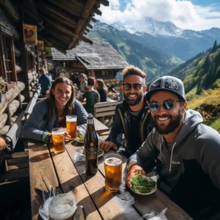 Beer and snacks in an alpine hut in the mountains