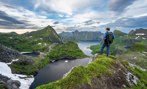 View over mountain landscape and lake Litlforsvatnet with fjord Forsfjorden