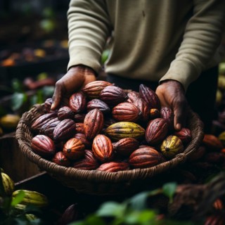 A farmer harvests fresh chocolate in a plantation