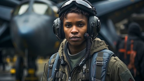 Female african american fighter pilot soldier stands outside her fighter jet