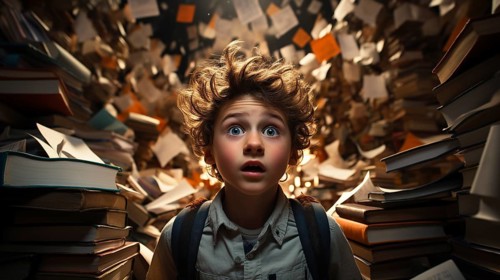 Young boy student sitting stunned and overwhelmed amidst a never ending pile of books and papers surrounding him