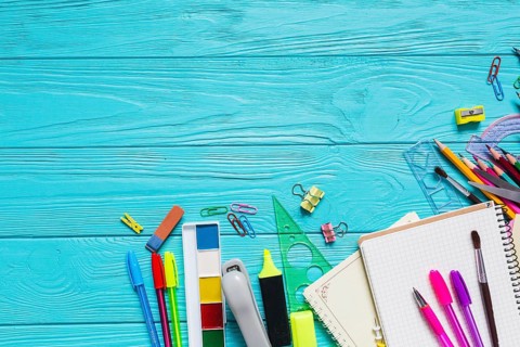 School materials colorful table
