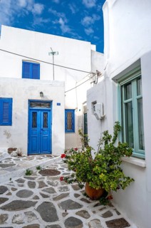 White Cycladic houses with flowers